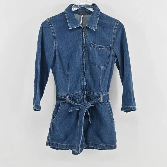 Free People Green River One-Piece Size 2 Denim Romper Boho Western Zip Up Belted - Picture 2 of 14